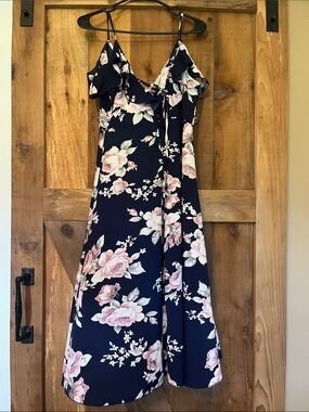 Navy Floral Ruffle-Trim Midi Dress with Pink Blooms